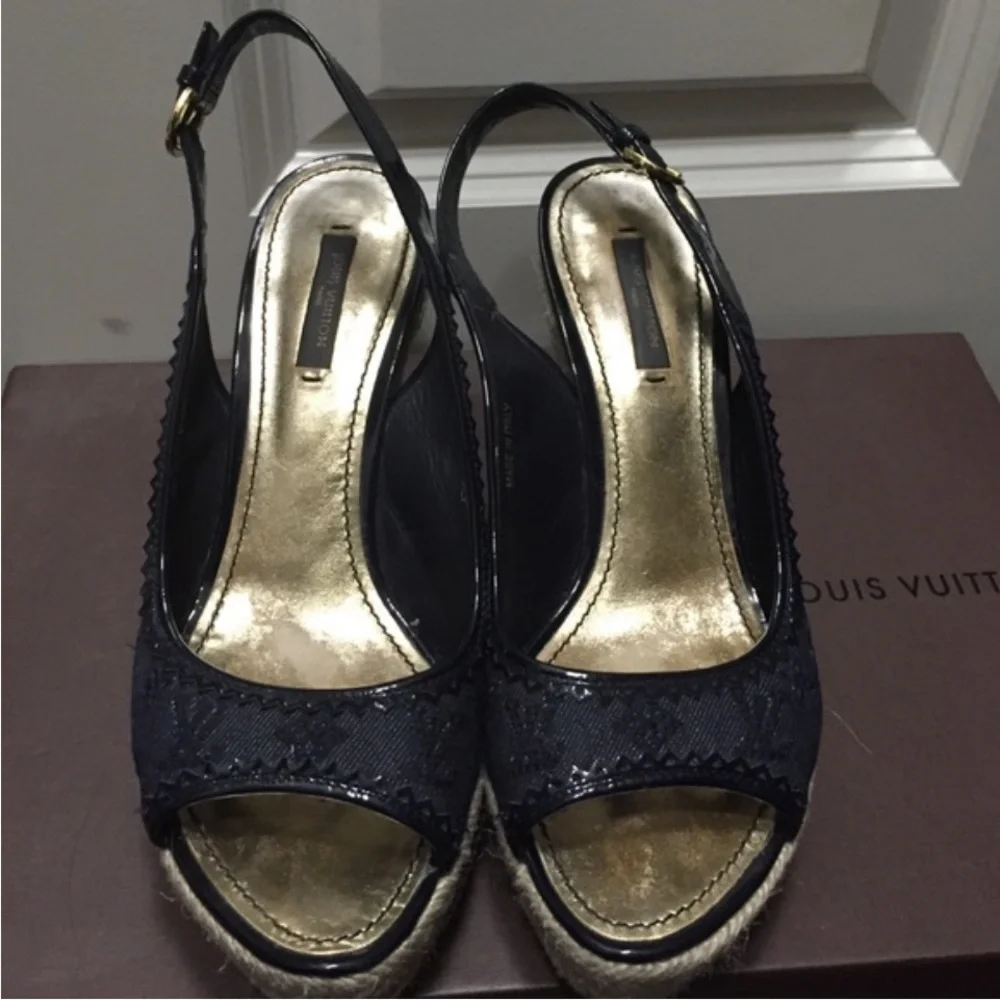 Louis Vuitton Black and Tan Wedge Sandals 36.5/ 6.5